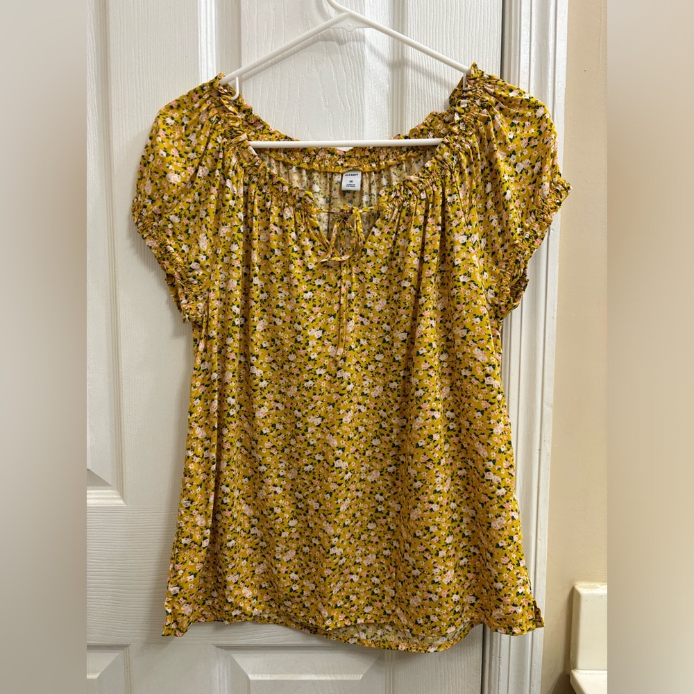 Old Navy Mustard Floral Puff Sleeve Keyhole Blouse Top Colorful Fall Peasant XS